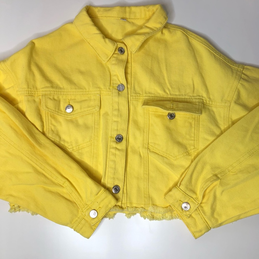 SHEIN Yellow Raw Hem Dual Pocket Cropped Denim Jacket S